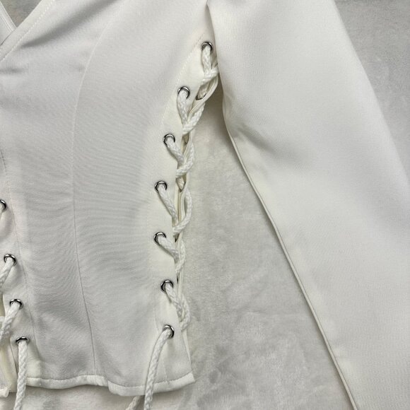 PLT WOMENS TOP SIZE 2 CREAM WOVEN LACE UP PLUNGE DETAIL LONG SLEEVE SEXY TOP NWT - Picture 6 of 12